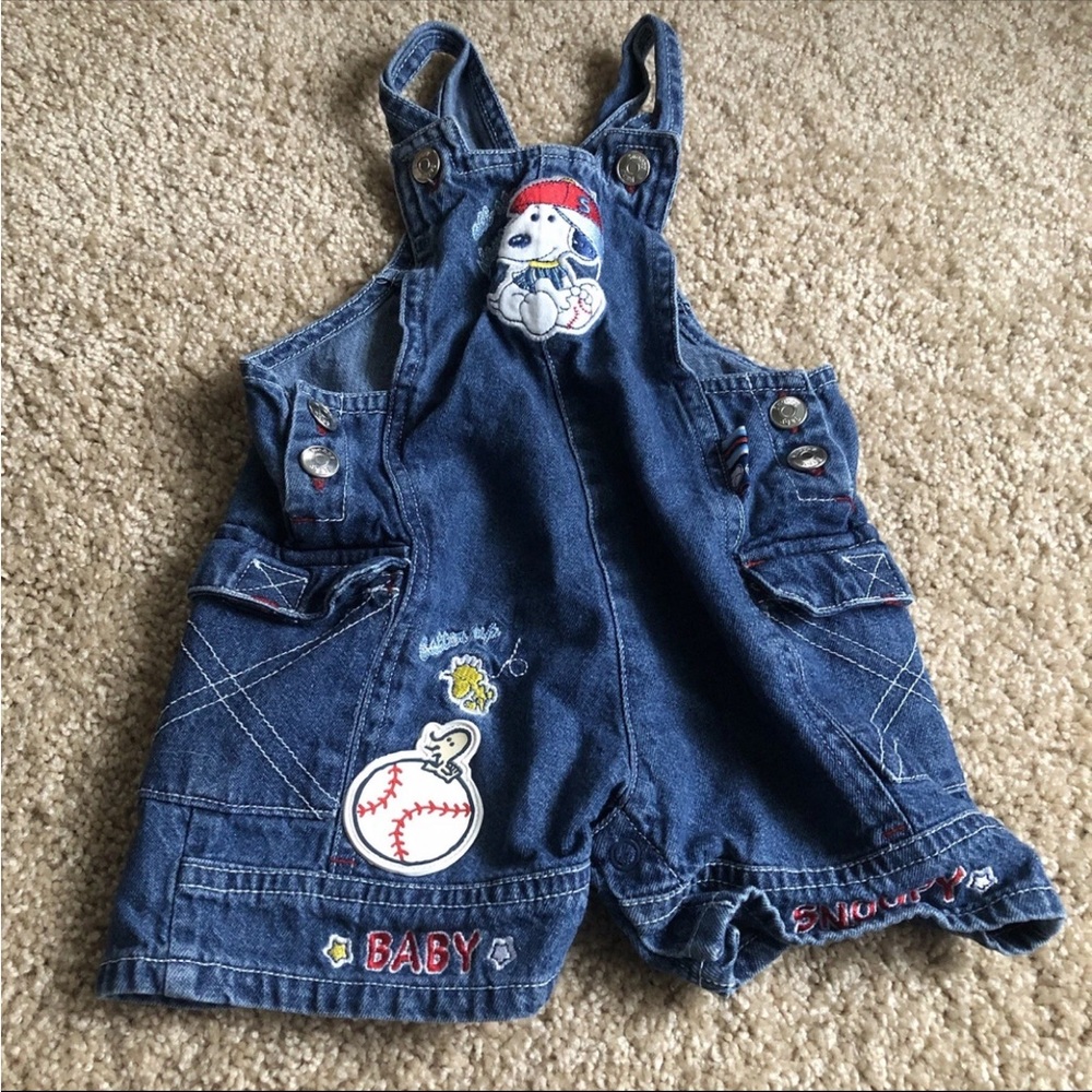 Baby Snoopy Vintage Rare Baseball shortalls overalls bibs 6-9 Months denim